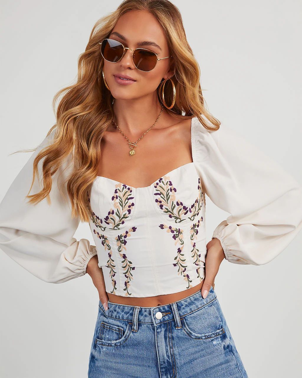 Velia Embroidered Corset Balloon Sleeve Top | VICI Collection