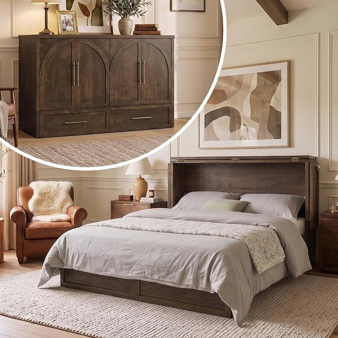 Queen Murphy Bed Cabinet with Arch Recessed Design,Dark Brown | Amazon (US)