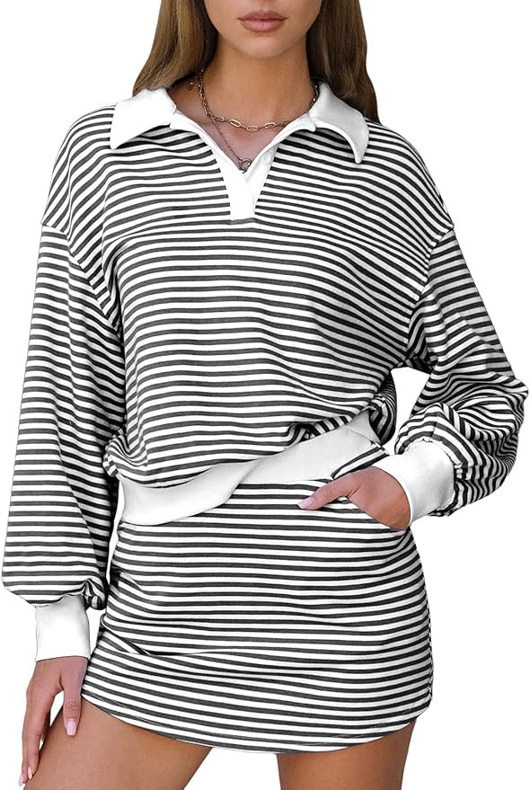 EXLURA Womens Two Piece Sets Cotton Striped Sweatshirt Matching Skirt Skort Tennis Vacation Cruis... | Amazon (US)