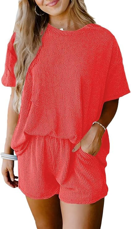SHEWIN Two 2 Piece Sets for Women Short Sleeve Shirts High Waisted Shorts with Pockets Pajamas Lo... | Amazon (US)
