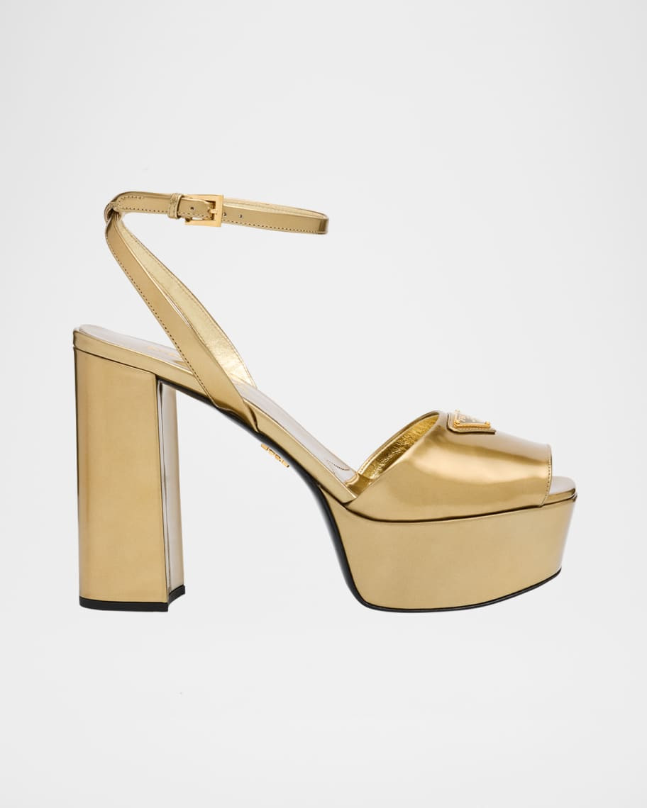 Prada Metallic Leather Ankle-Strap Platform Sandals | Neiman Marcus