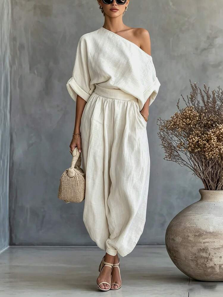 HHK Women's Elegant Off-Shoulder Two-Piece Set, Casual Suit, Country Style, Perfect For A Relaxed... | SHEIN