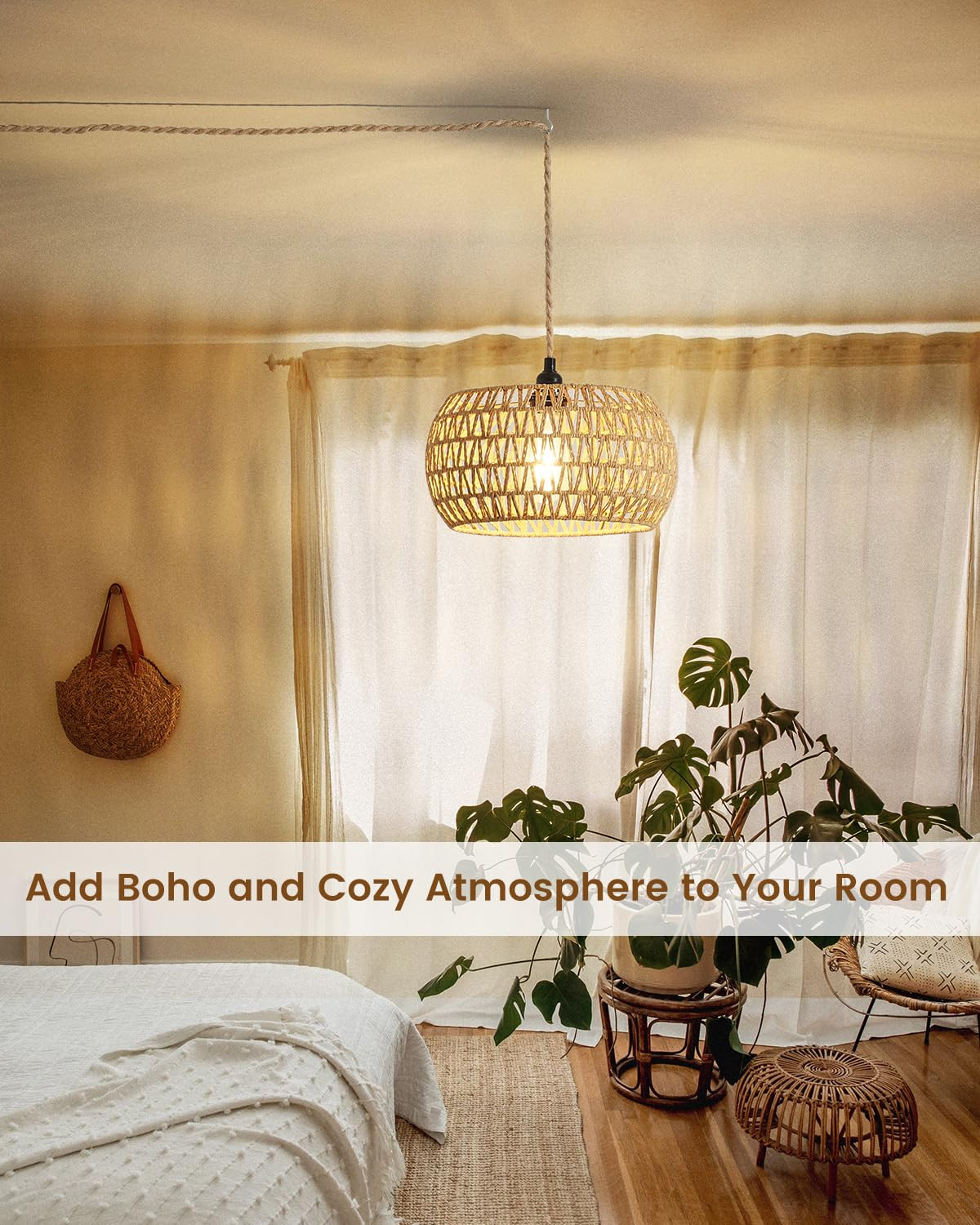 Rattan Boho Hanging Light,12.6'' Natural Hand Woven Fabric Drum Light,Plug Into Wall Outlet Penda... | Amazon (US)