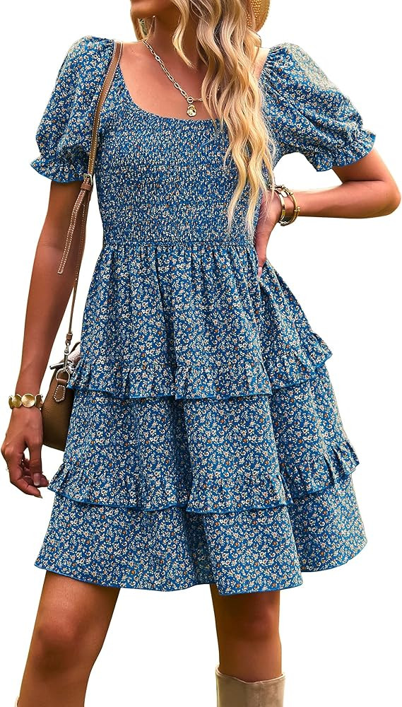 KIRUNDO 2023 Summer Women's Square Neck Smocked Floral Dress Boho Off Shoulder Tiered Ruffle Flow... | Amazon (US)
