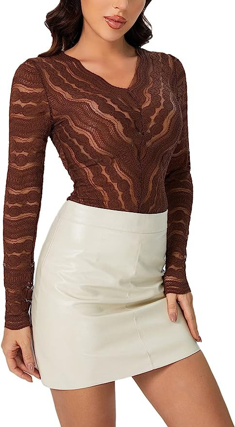 Verdusa Women's Fashion Scallop Trim Sheer Blouse Mesh See Through Lace Crop Top | Amazon (US)