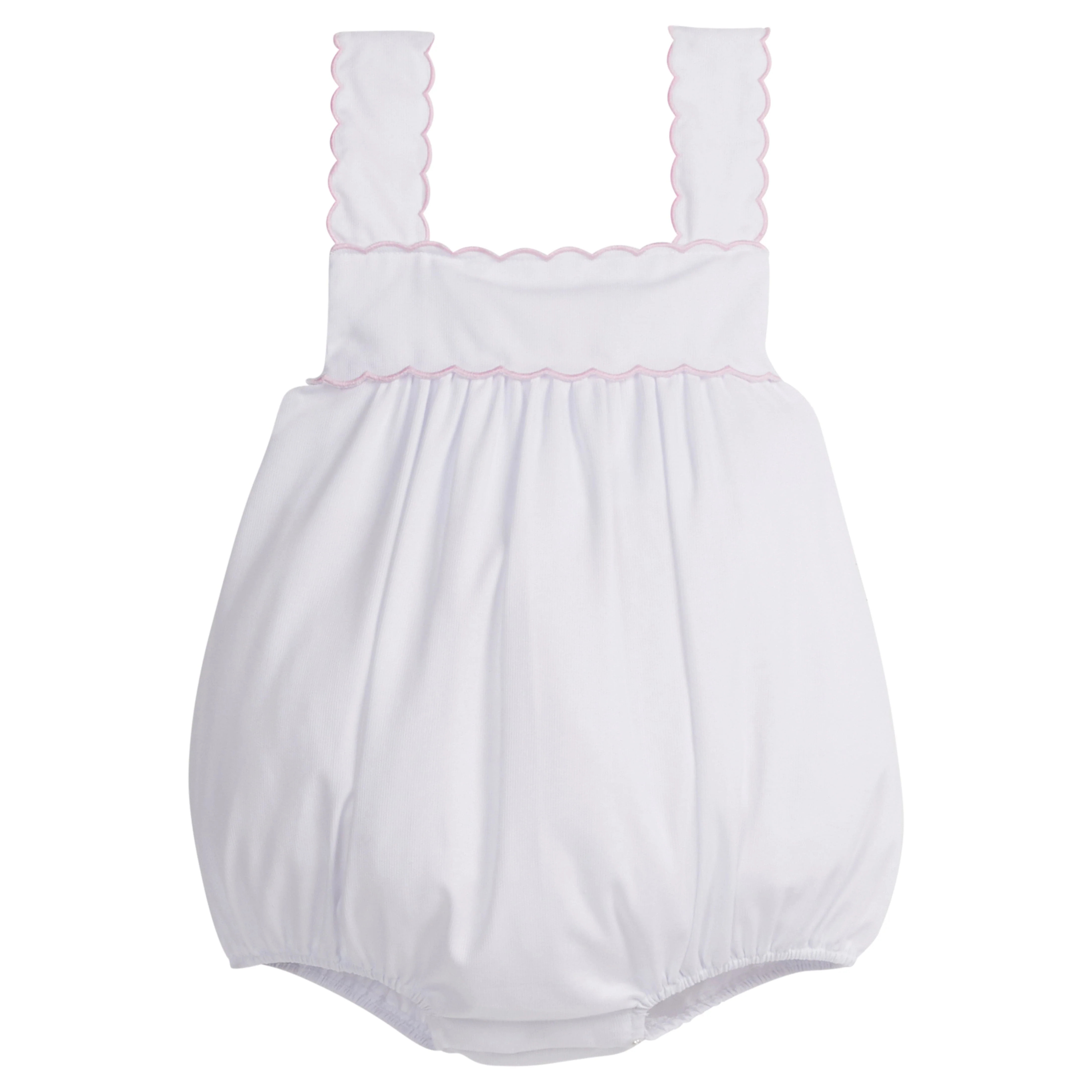 Girls Scallop Bubble Romper in White with Light Pink | Little English | Little English