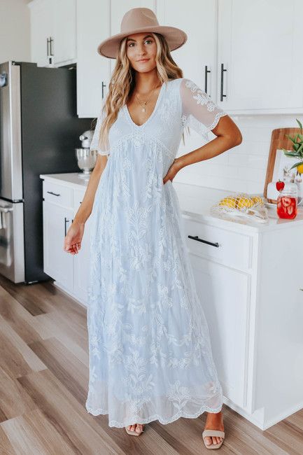 V-Neck Light Blue Lace Empire Maxi | Magnolia Boutique