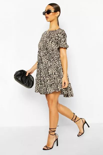 Leopard Print Ruffle Sleeve Smock Dress | Boohoo.com (UK & IE)