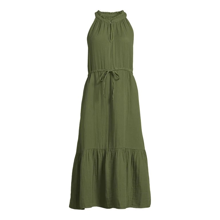 Time and Tru Women's Sleeveless Cotton Midi Dress with Flounce Hem, Sizes XS-XXXL | Walmart (US)