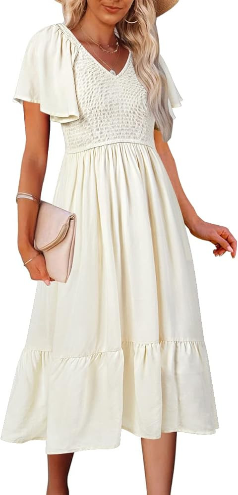 MEROKEETY Womens 2023 Summer Casual V Neck Ruffle Sleeve Smocked High Waist Midi Dress with Pocke... | Amazon (US)