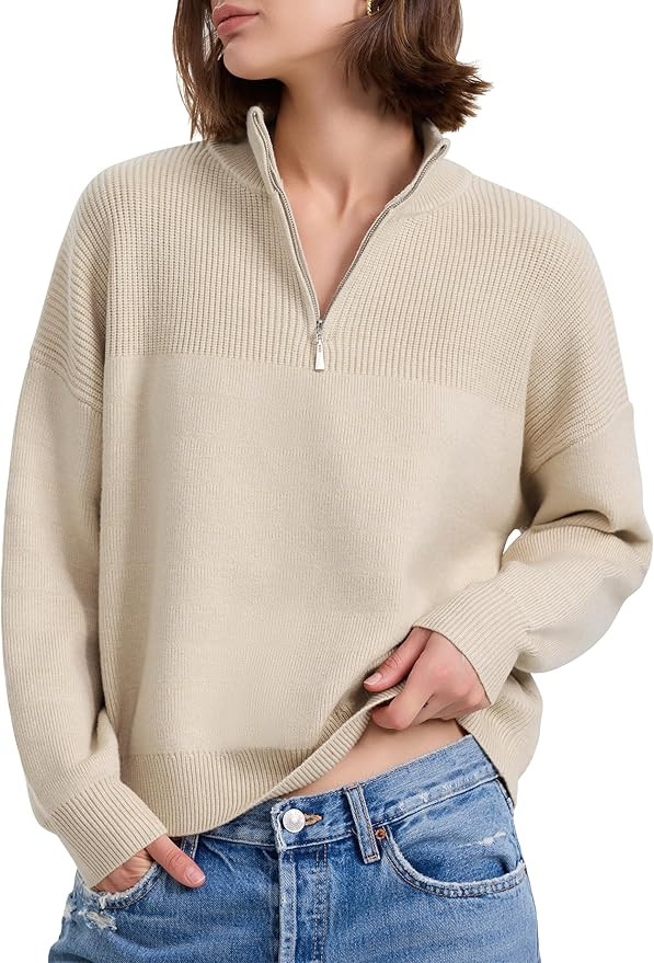 PrettyGuide Women's Long Sleeve Quarter Zip Oversized Pullover Striped Sweater Casual Mock Neck L... | Amazon (US)