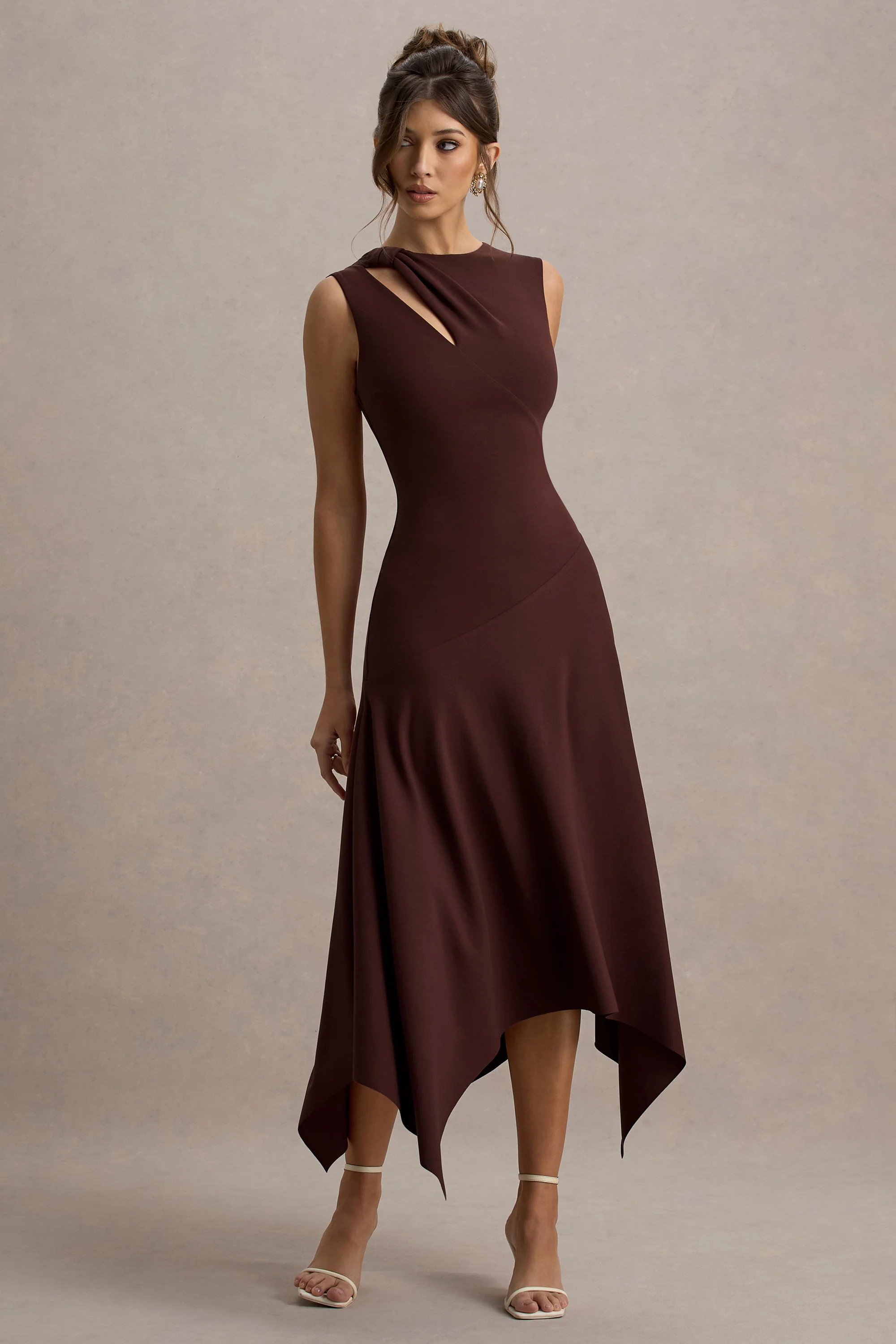 Francesca | Brown Knotted Midi Dress With Handkerchief Hem | Club L London