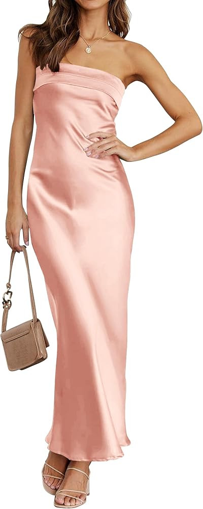 MEROKEETY Women 2024 Summer Strapless Satin Tube Bodycon Backless Wedding Guest Maxi Dress | Amazon (US)