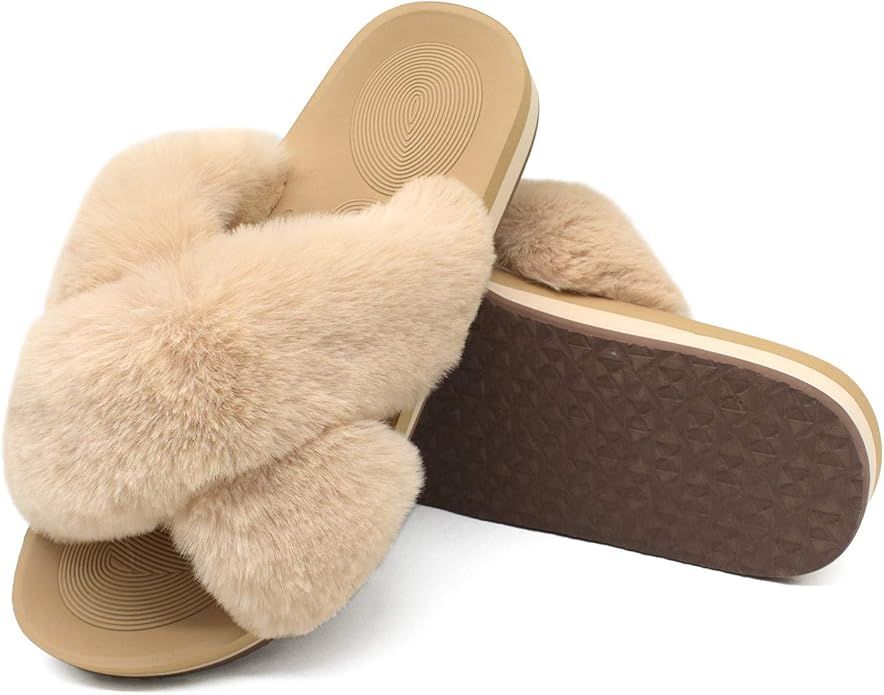 COFACE Womens Fuzzy Slides Fluffy Faux Fur Cross Slippers Open Toe Yoga Mat House Slippers Sandal... | Amazon (US)