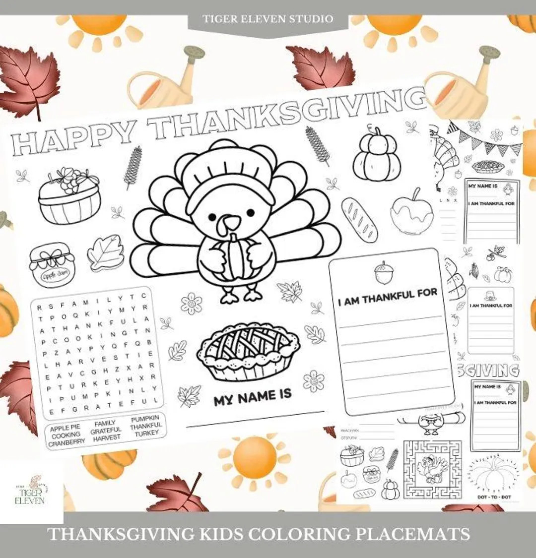 Thanksgiving Kids Activity Coloring Placemats Set of 4 Printable Activity Placements, Instant Dow... | Etsy (US)