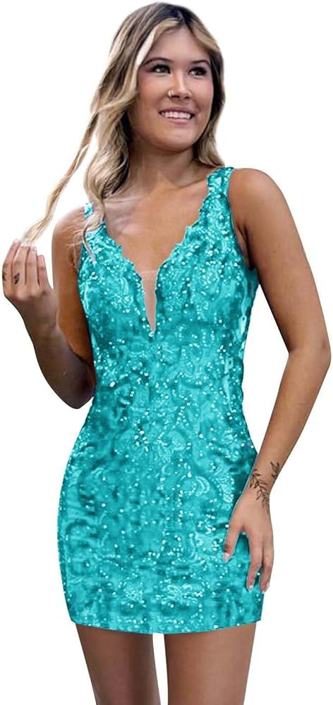 Women's V Neck Sequin Tulle Short Homecoming Dresses for Teens Tight Backless Formal Cocktail Dre... | Amazon (US)