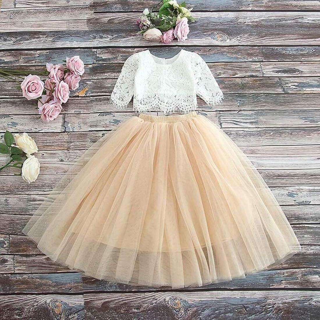 2Bunnies Girl Floral Scallop Lace Tulle Pearl Button Boho Bohemian Flower Girl Dress 2 Piece Outf... | Amazon (US)