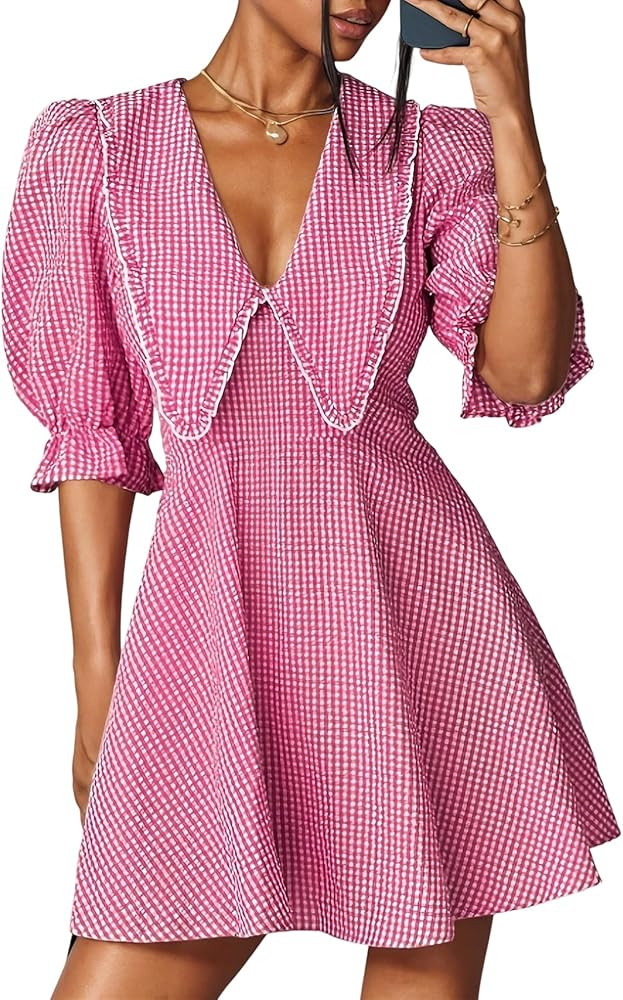 Women's Plaid Print Dresses Lapel Doll Collar V-Neck Puff Sleeve Checkered Tunic A-Line Mini Dres... | Amazon (US)