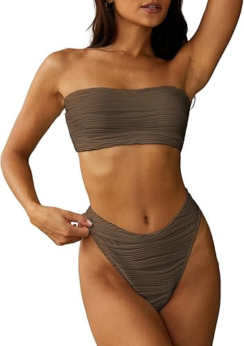 ZAFUL Women Strapless Textured Bandeau Bikini 2 Piece Swimwear Cheeky Solid Lace up Bathing Suits | Amazon (US)