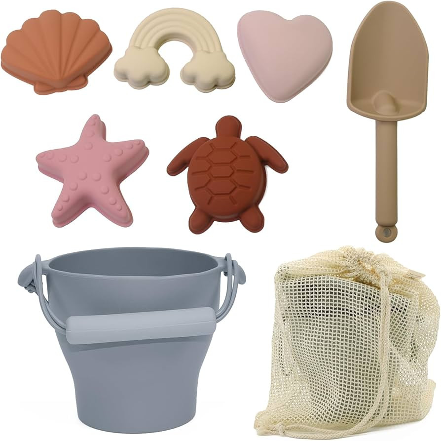 8Pcs Silicone Beach Toys for Kids 3-10, Including Bucket, Shovel, 5 Molds, Bag, Eco-Friendly Sand... | Amazon (US)