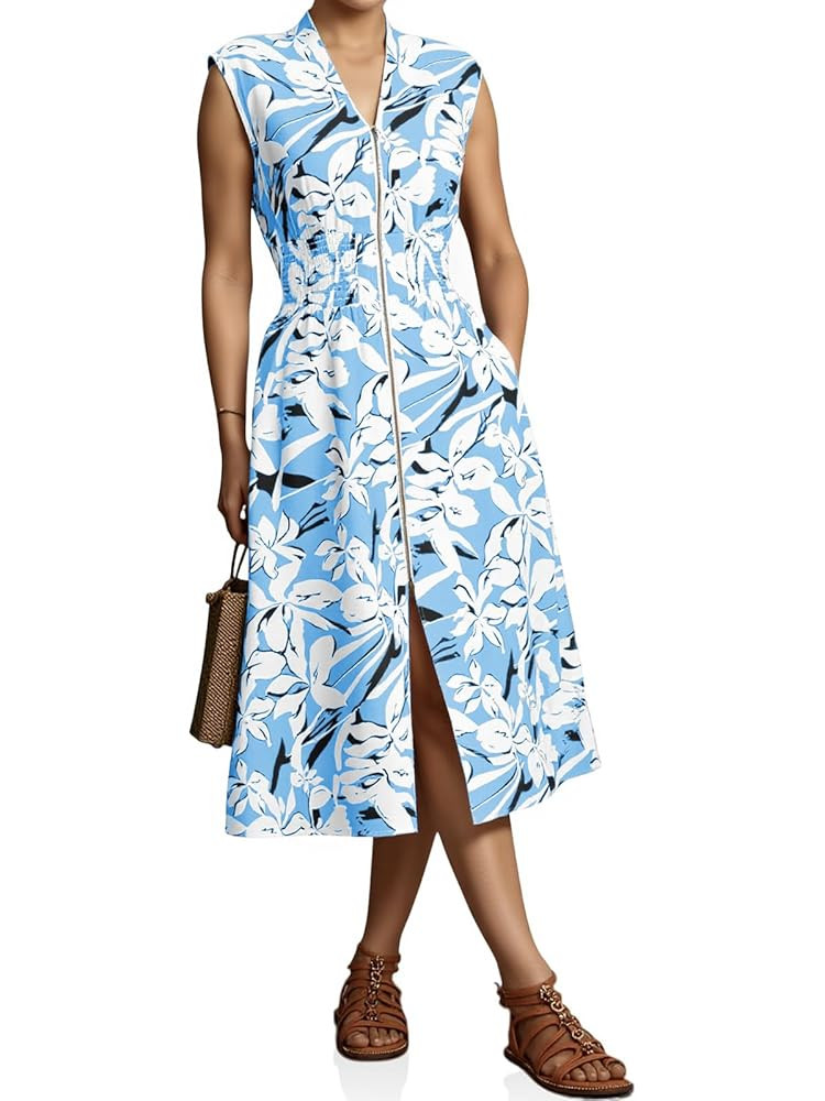 Wenrine Womens Floral Midi Dress Casual Zipper Front Sleeveless V Neck Smocked Flowy Summer Dress... | Amazon (US)