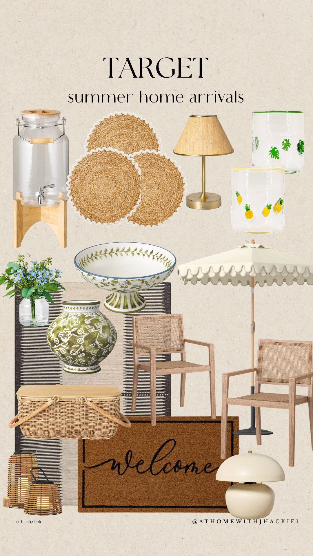 Target summer home decor, summer home arrivals target, new in home decor target, woven placemats round, rattan home decor aesthetic, summer hosting essentials, drink dispenser stand wood, citrus glassware target, pineapple drinking glasses, indoor outdoor table lamp, wicker picnic basket aesthetic, welcome mat entryway, summer table decor ideas, neutral summer home styling, target home finds 2026, organic modern decor target, textured home decor pieces, casual summer hosting vibe, earthy home decor accents, light and airy home styling

#LTKSeasonal #LTKHome