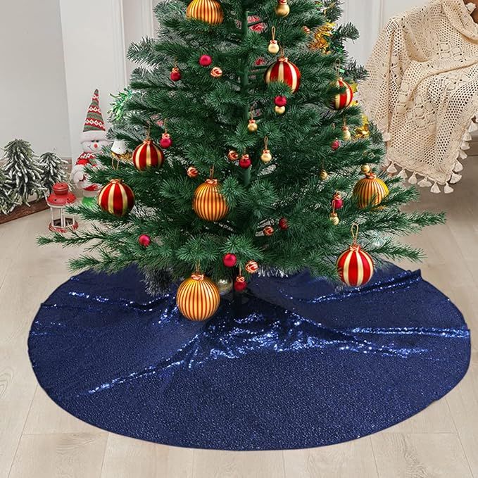 SquarePie Christmas Tree Skirt Sequin Glitter Halloween Decoration 50-Inch Navy Blue | Amazon (US)