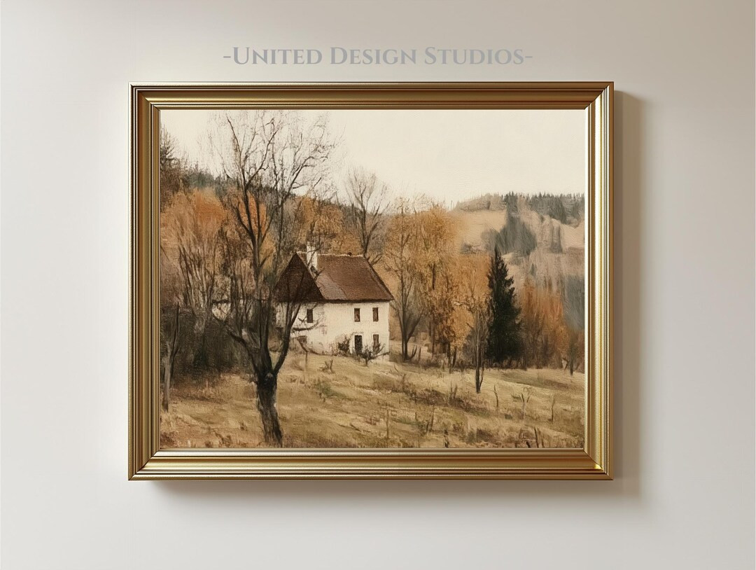 Fall Oil Painting, Country Cottage Landscape, Rustic Fall Countryside Scene, Neutral Farmhouse De... | Etsy (US)