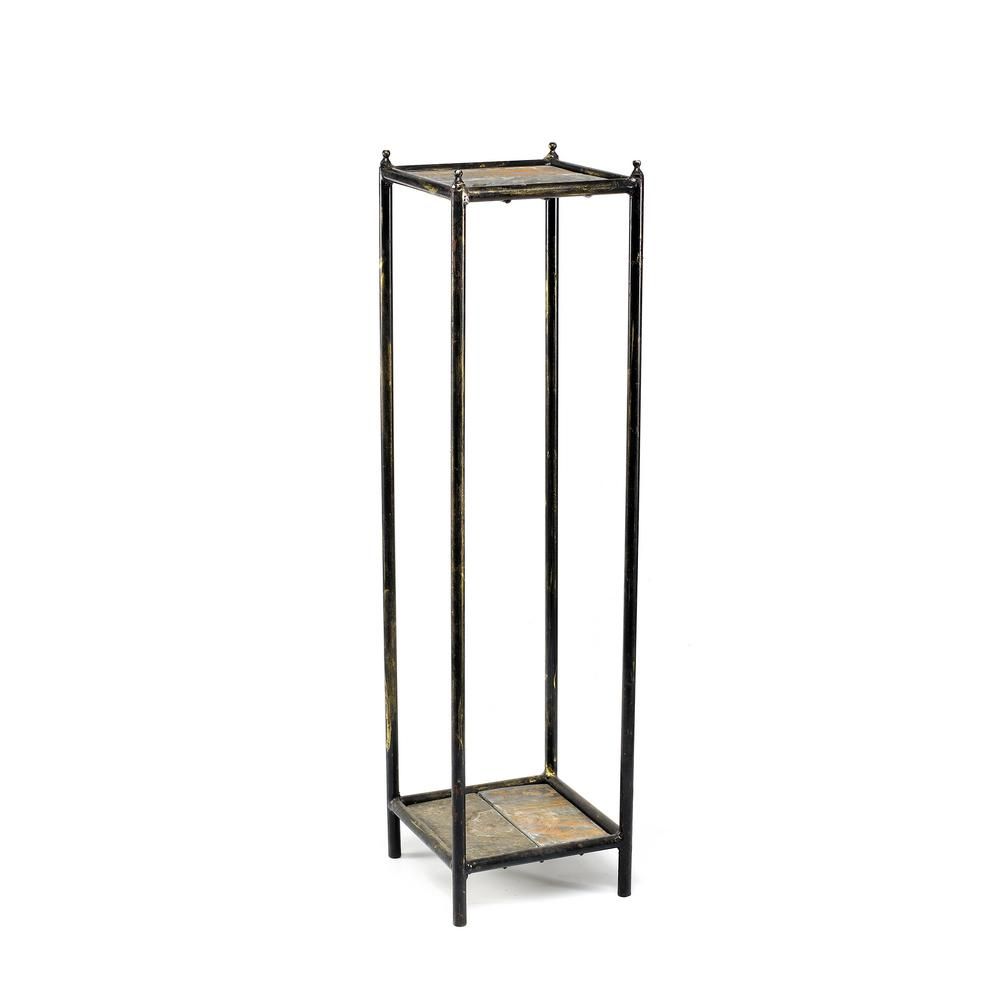 ORE International 28.5 in. Gray Stone Slab 2 Tier Medium Square Black/Gold Cast Metal Plant Stand | The Home Depot