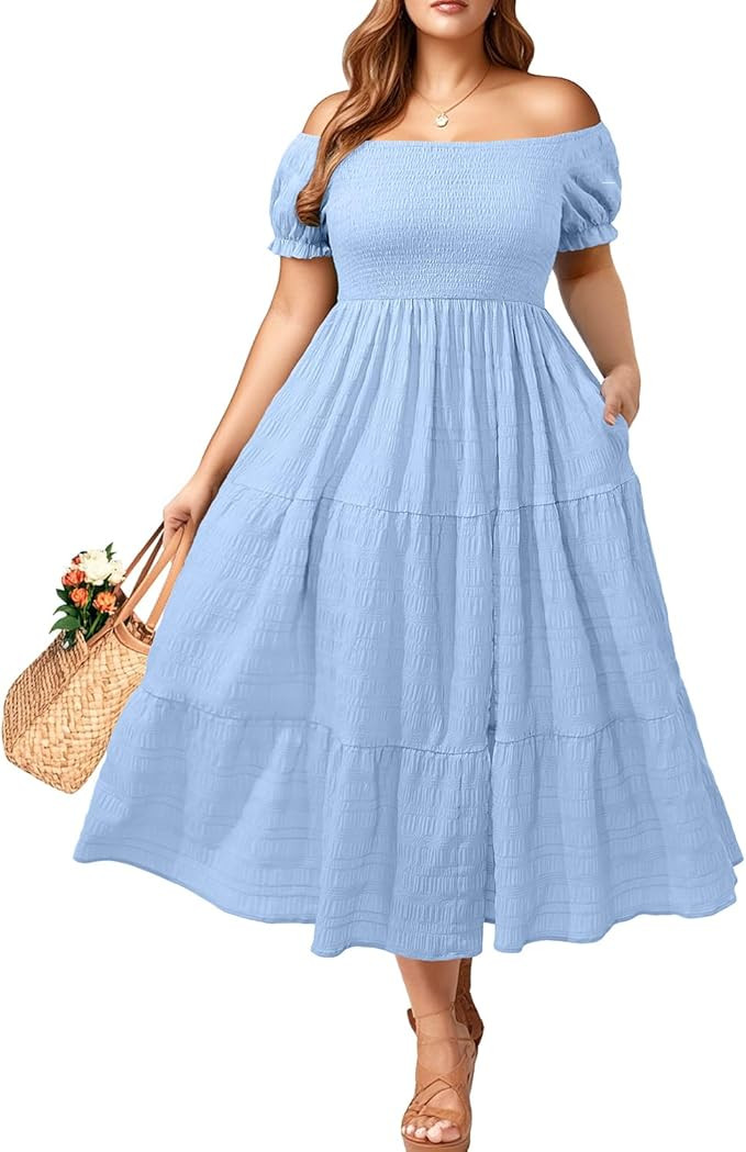 Pinup Fashion Plus Size Summer Dresses - Off Shoulder Casual Graduation Baby Shower Long Sun Dres... | Amazon (US)