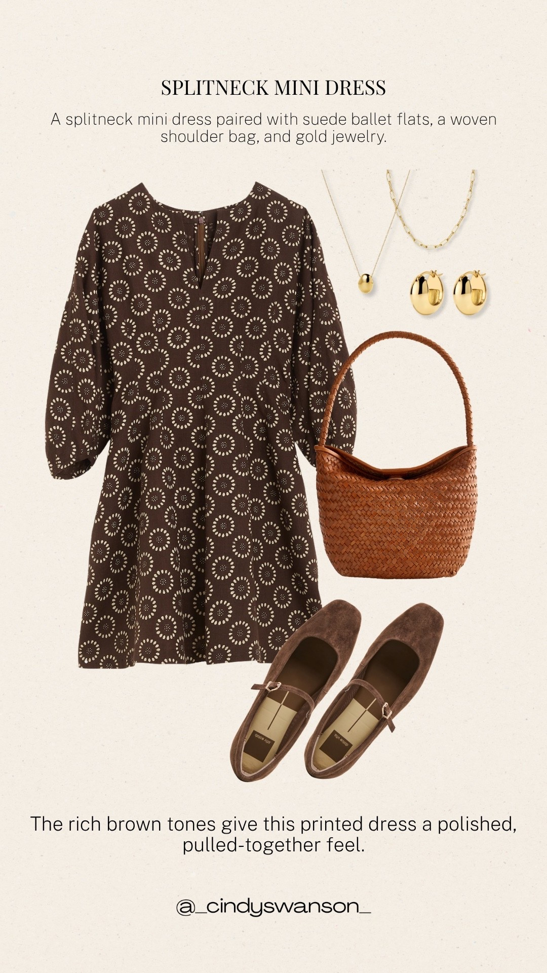 This rich brown splitneck mini dress is an easy one-piece outfit with a polished feel. The subtle print adds interest without being overwhelming, while suede ballet flats, a woven bag, and simple gold jewelry keep the look classic and pulled together.

💡 LTK MADE EASY
❤️ Heart = Support my posts!
🔖 Save = Get sale & restock alerts
📋 Lists = Keep favorites organized
📲 Share = Send lists and products to a friend. Hello, Christmas List!
💬 Comment = Ask me anything about what I’m wearing.:-)

#LTKootd #LTKOver40 #LTKTravel