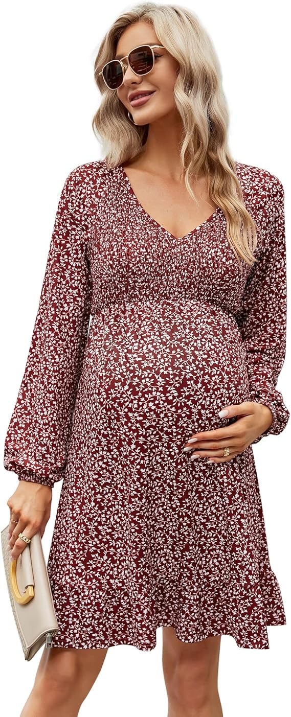 Coolmee Women's Maternity Short Sleeve Ruffle Dress V Neck Summer Casual Smocked Flowy Midi Dress... | Amazon (US)