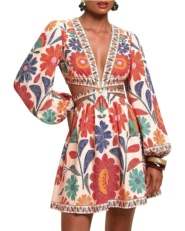 Floerns Women's Tropical Bishop Sleeve Mini Dress Cut Out Tie Back V Neck Beach A Line Dresses | Amazon (US)