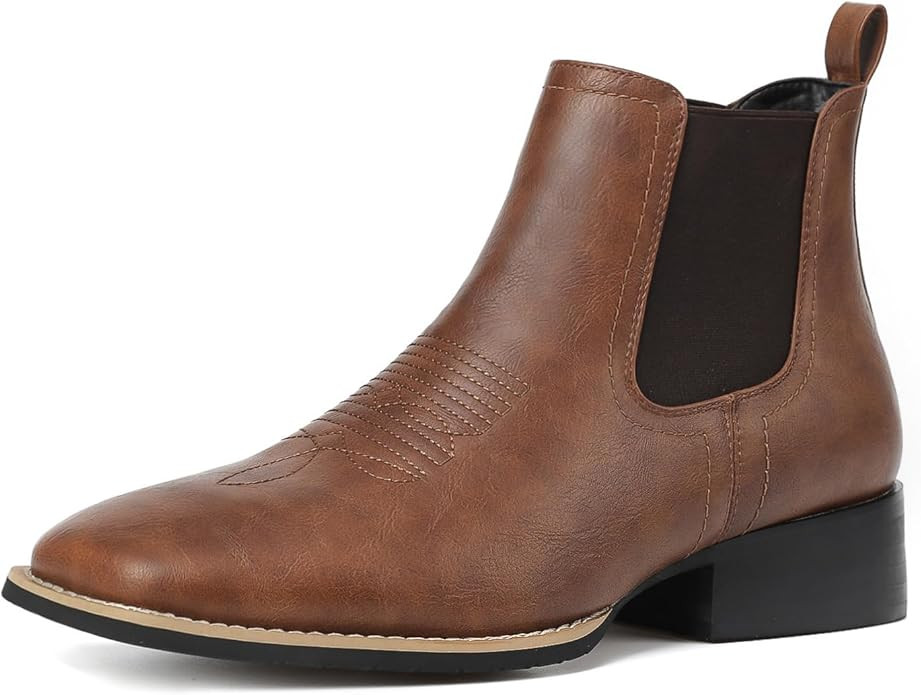 Western Cowboy Boots for Men Square Toe Ankle Boots Mens Retro Slip On Chelsea Boot Casual Dress ... | Amazon (US)