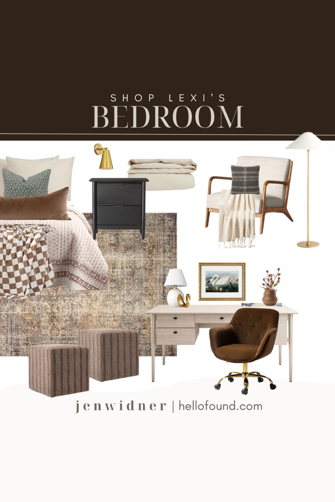 All the sources for Lexi’s bedroom.

Block print. Warm loloi rug. Checker throw. Velvet pillow. Cream bedding. Brown bedding. Quilt. Target. Black night stand. Accent chair. Tassel throw. Ottomans. Task chair. Desk with drawers. Swan art. Gold frame. Marble lamp. Brass sconce. Blue and brown pillow. Floor lamp. Plaid pillow. Wavy vase. Marble tray. 

#bedroom

#LTKstyletip #LTKhome