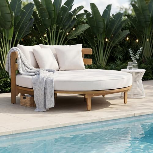 Outdoor Acacia Wood Round Daybed with Curved Slatted Backrest, Cushion and 4 Pillows, All Weather... | Amazon (US)