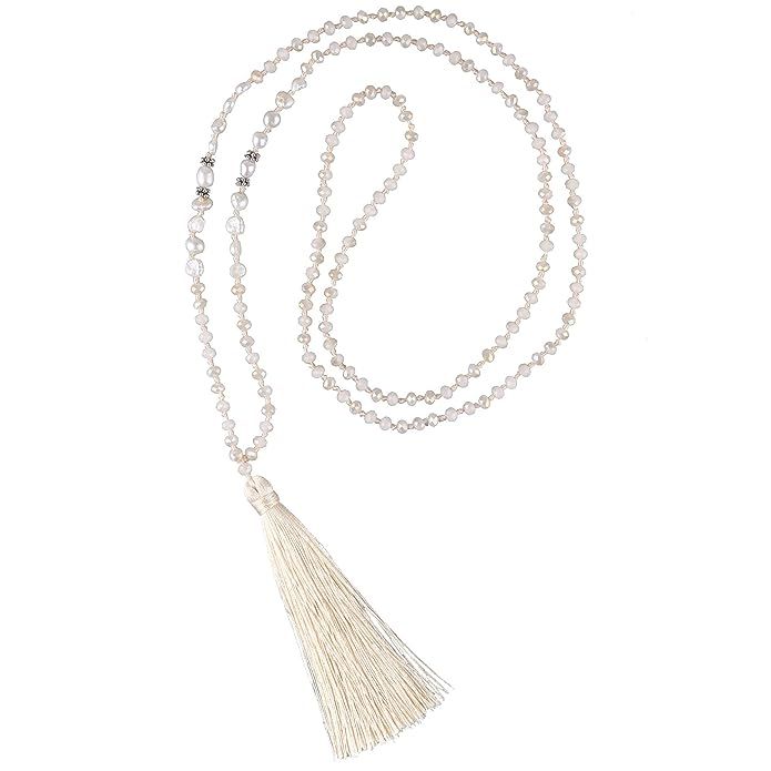 C·QUAN CHI Long Chain Tassel Necklace Handmade Natural Pearl Crystal Beaded Pendant Bohemian Wom... | Amazon (US)