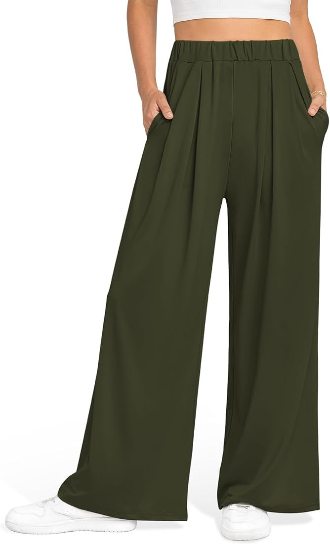 UEU Womens Wide Leg Palazzo Pants Casual High Waisted Flowy Lounge Pants with Pockets | Amazon (US)
