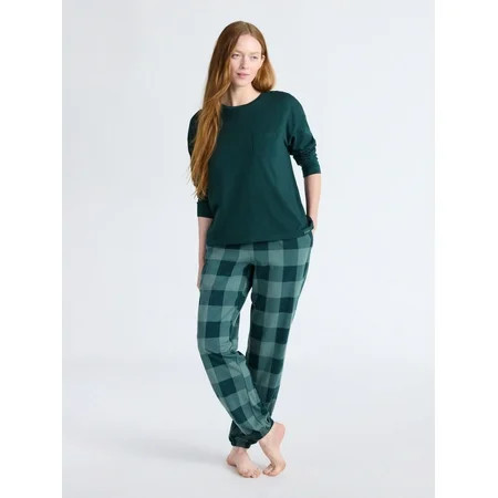 Joyspun Women s Cotton-Blend Long Sleeve Top and Joggers Pajama Set 2-Piece Sizes XS-3X | Walmart (US)
