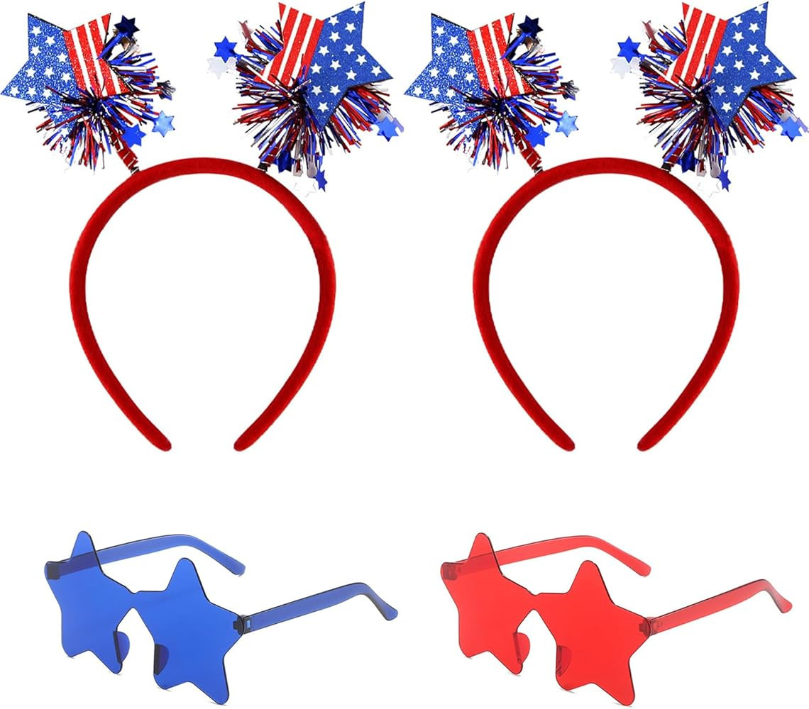 4 PCS Patriotic Party Accessories - Independence Day Headband, Star Sunglasses, Red White Blue Pa... | Amazon (US)