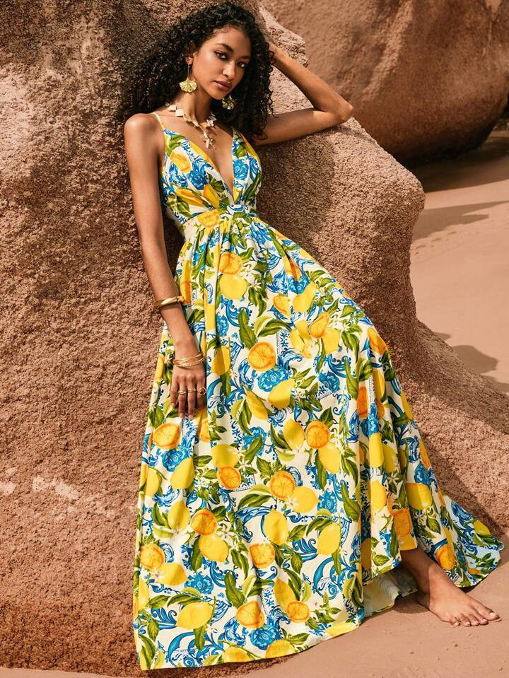 Poéselle Vestido Largo De Playa Con Estampado Completo Y Diseño Sin Espalda Para Mujer, Sexy Y Apropiado Para Vacaciones | SHEIN