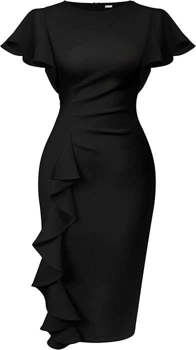 Memoriesea Women's Vintage Church Ruffle Sleeve Ruched Bodycon Work Midi Pencil Dress | Amazon (US)