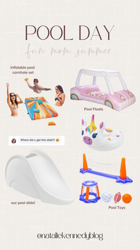 Fun pool day items including our slide! 😎☀️