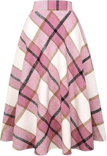 IDEALSANXUN Womens Plaid Wool Skirts Elastic Waist A-Line Pleated Tartan Long Skirts | Amazon (US)