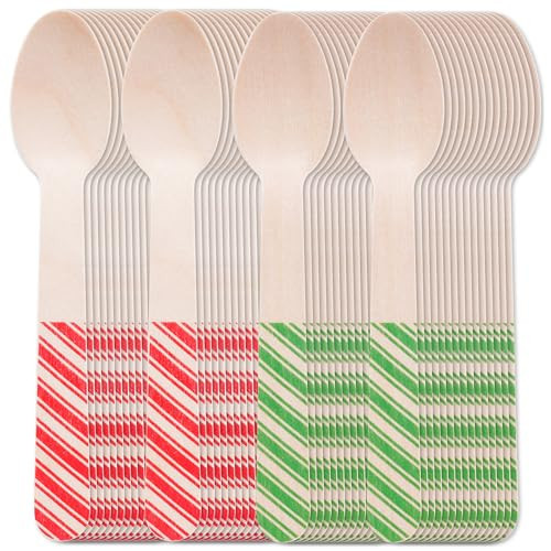 120Pcs Christmas Disposable Wooden Spoons Red Green Stripe Wooden Spoons Striped Tasting Spoons Christmas Candy Cane Striped Spoons for Ice Cream Cake Chocolate Coffee (Red and Green) | Amazon (US)