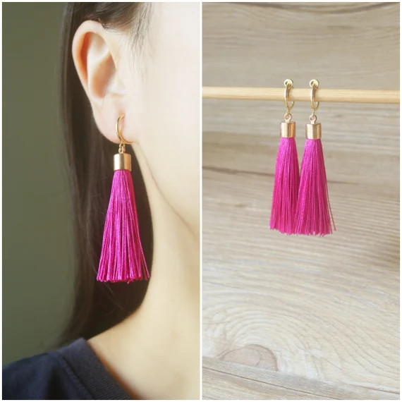 Silky Fuchsia Pink tassel Gold hoop clip on earrings, non pierced earrings, dangle & drop earring... | Etsy (US)