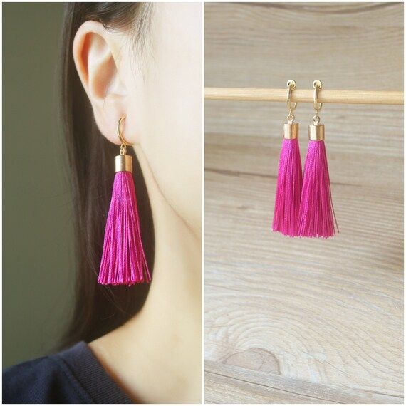 Silky Fuchsia Pink tassel Gold hoop clip on earrings, non pierced earrings, dangle & drop earring... | Etsy (US)