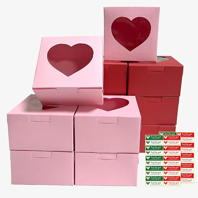 Jremreo 12 Pack 4x4x2.6 Inches Red Pink Heart Shaped Boxes with Window, Goodie Cupcake Strawberry... | Amazon (US)