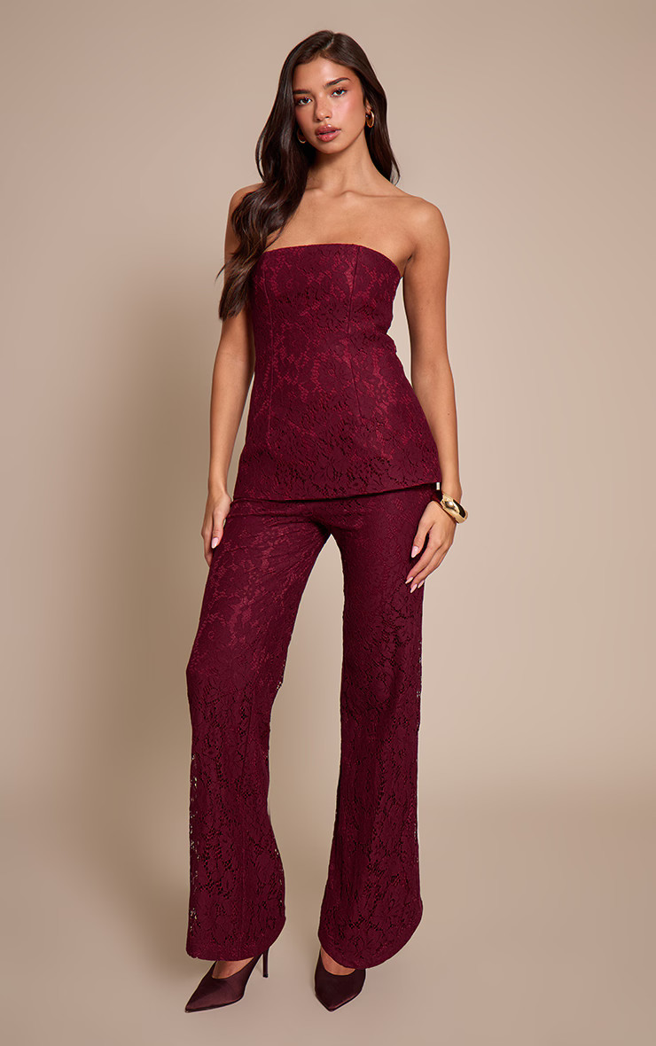 Burgundy Lace Bandeau Overlay Straight Leg Jumpsuit | PrettyLittleThing UK