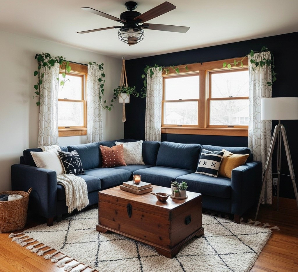 Transform your space with these cozy living room essentials! I’m obsessed with how this navy accent wall makes the warm wood tones and cognac leather accents pop. This navy sectional is the perfect anchor for a family-friendly space, paired with a textured Moroccan-style rug and a vintage-inspired trunk coffee table.

#LTKHome #LTKselfcare #LTKvlog